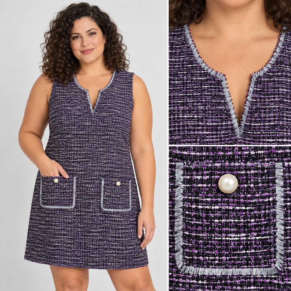 Karl Lagerfeld Tweed Shift Dress Purple Faux Pearl Pockets SZ 16 Business Casual